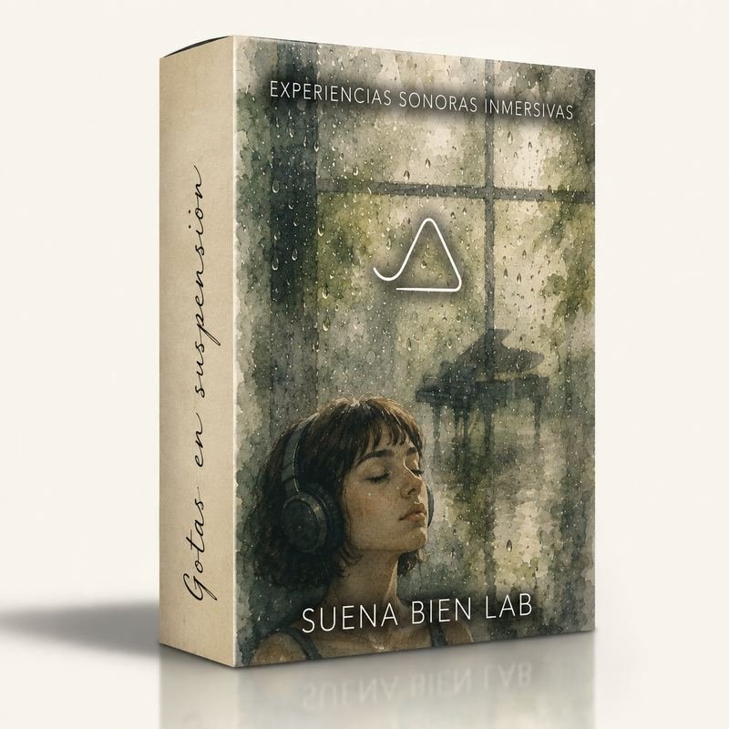 Portada de Gotas en suspensión: una ilustración en acuarela de una chica con auriculares junto a una ventana con lluvia, y un piano al fondo.