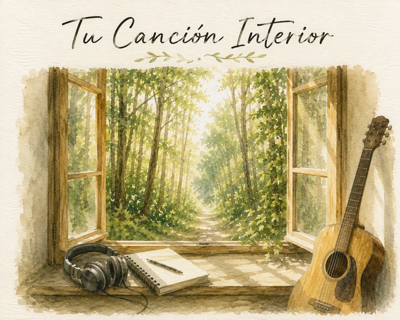 Acuarela de una ventana abierta a un bosque, con un cuaderno, unos auriculares y una guitarra en el alféizar, y el rótulo Tu Canción Interior