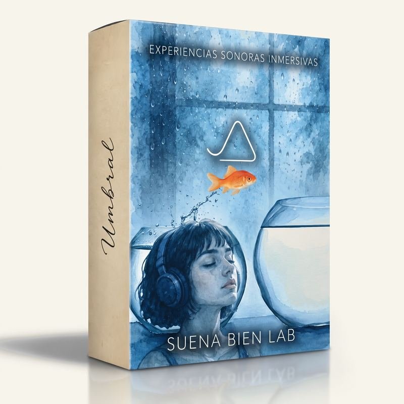 Portada de Umbral: una ilustración en acuarela de una chica con auriculares y la cabeza dentro de una pecera, de la que salta un pez naranja hacia otra pecera vacía.